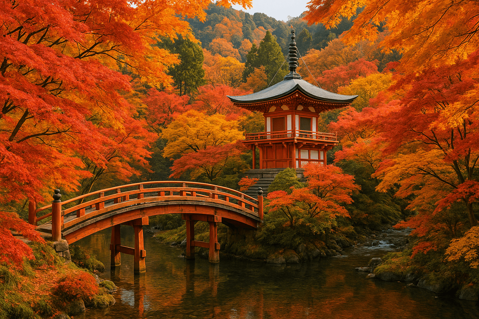 Vibrant red and orange maple leaves in a Japanese garden